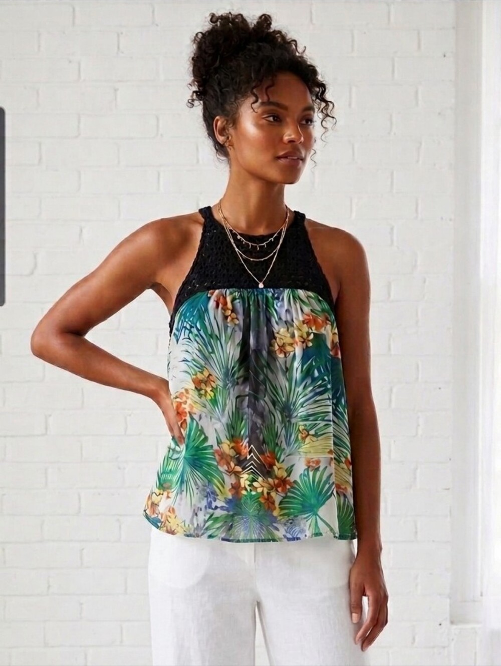 NWT Line & Dot Tropical Silk Tank Black Green Orange Blue Yellow Size M